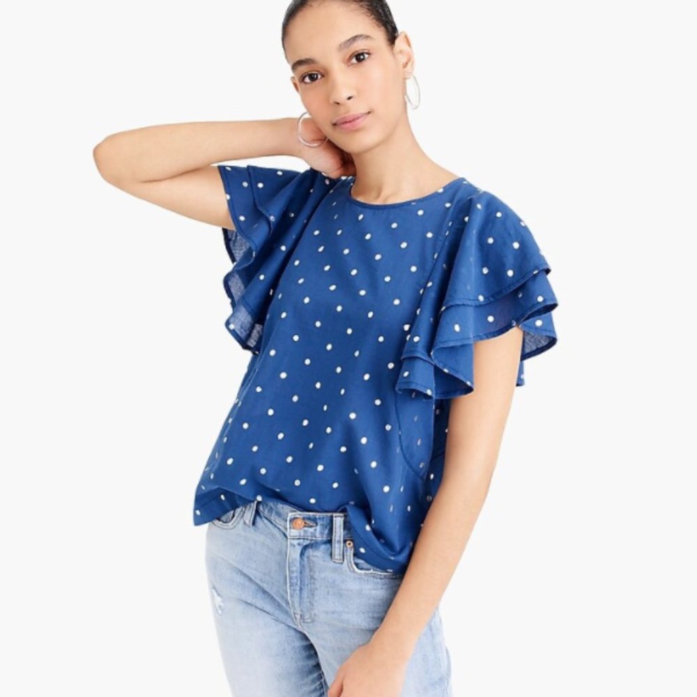 J. Crew Ruffle flutter-sleeve top in metallic dot